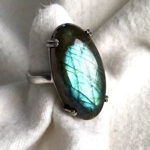 Blue Flash Elongated Oval Labradorite Ring in Stainless Steel